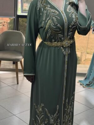 Caftan Vert Olive Brodé Or & Argent
