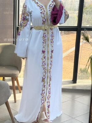Caftan Blanc Brodé Or & Violet